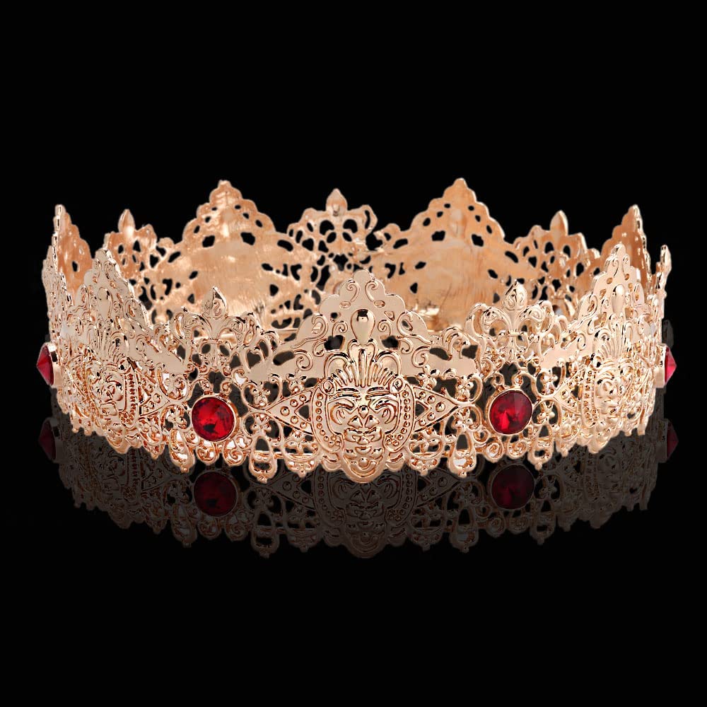 King Men Tiara Crown Imperial Medieval Headband Crystal Pageant Costumes For Birthday Party Prom Halloween Hair Accessories (Gold With Red Stone)