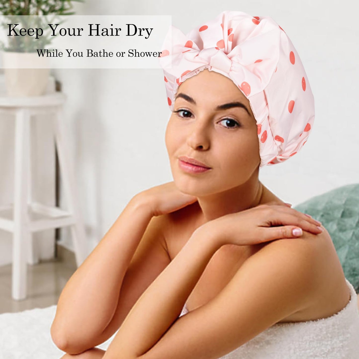 Luvruitaky Shower Cap Luxury Shower Caps for Women Reusable Waterproof Hair Cap for Shower with Adjustable Bowknot Hair Bath Cap (Pink)