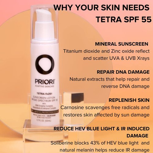 Priori Skincare Tetra Sunscreen Lotion - Broad Spectrum SPF 55 | Universal Skin Tint, Zinc Oxide, 1.7 fl oz