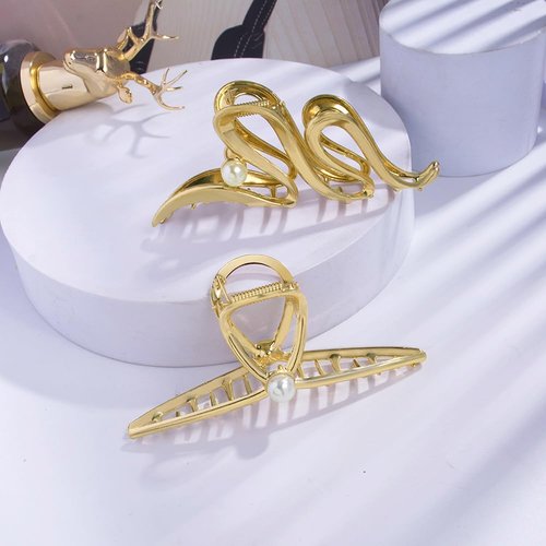 3 PCS Gold Metal Hair Claw Clips for Thick Long Hair, 4.3" Wave Cross Geometric Shape Non-slip Giant Crab Catch Barrettes Hairgrip, Trendy Elegant Women's Hair Accessories Headwear Gift