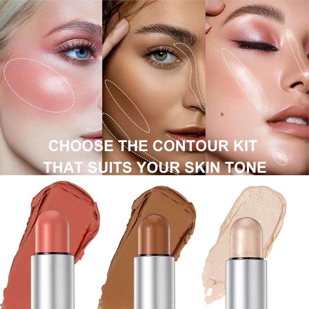 Skiennix 3-Pack Face Stick Set | Contour, Highlighter & Blush - Creamy Texture for Natural Finish