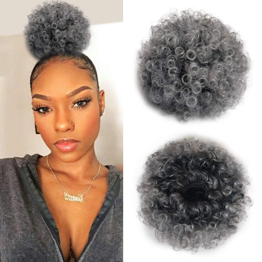 Yinmei Baibian Dark Grey Kinky Curly Afro Puff Drawstring Ponytail Short Afro Bun Extensions Synthetic Updo Hairpieces for Black Women(Ombre Grey)