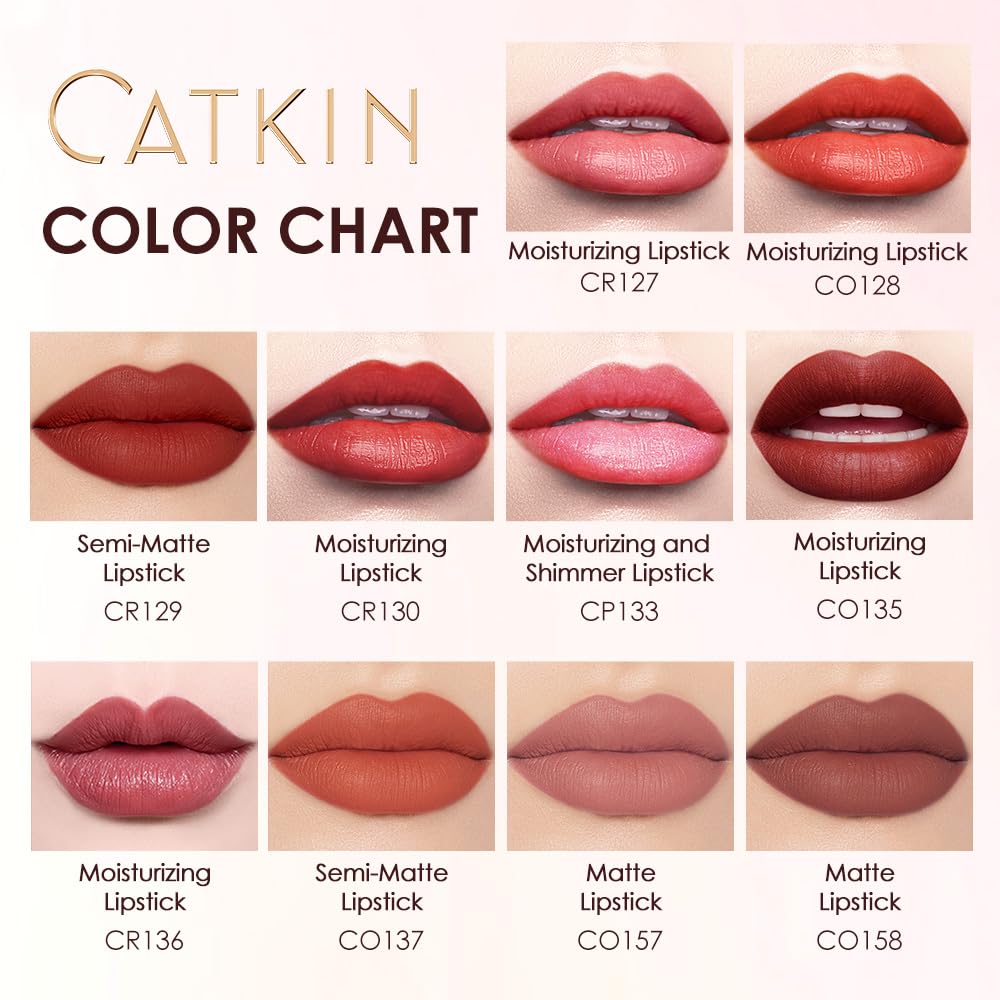 Catkin Matte Lipsticks Nude Lipstick Long Lasting Lipstick Lip Makeup Waterproof Matte Moisturizing Smooth Soft High Impact Lip Color Infused with Vitamin E and Avocado Oil