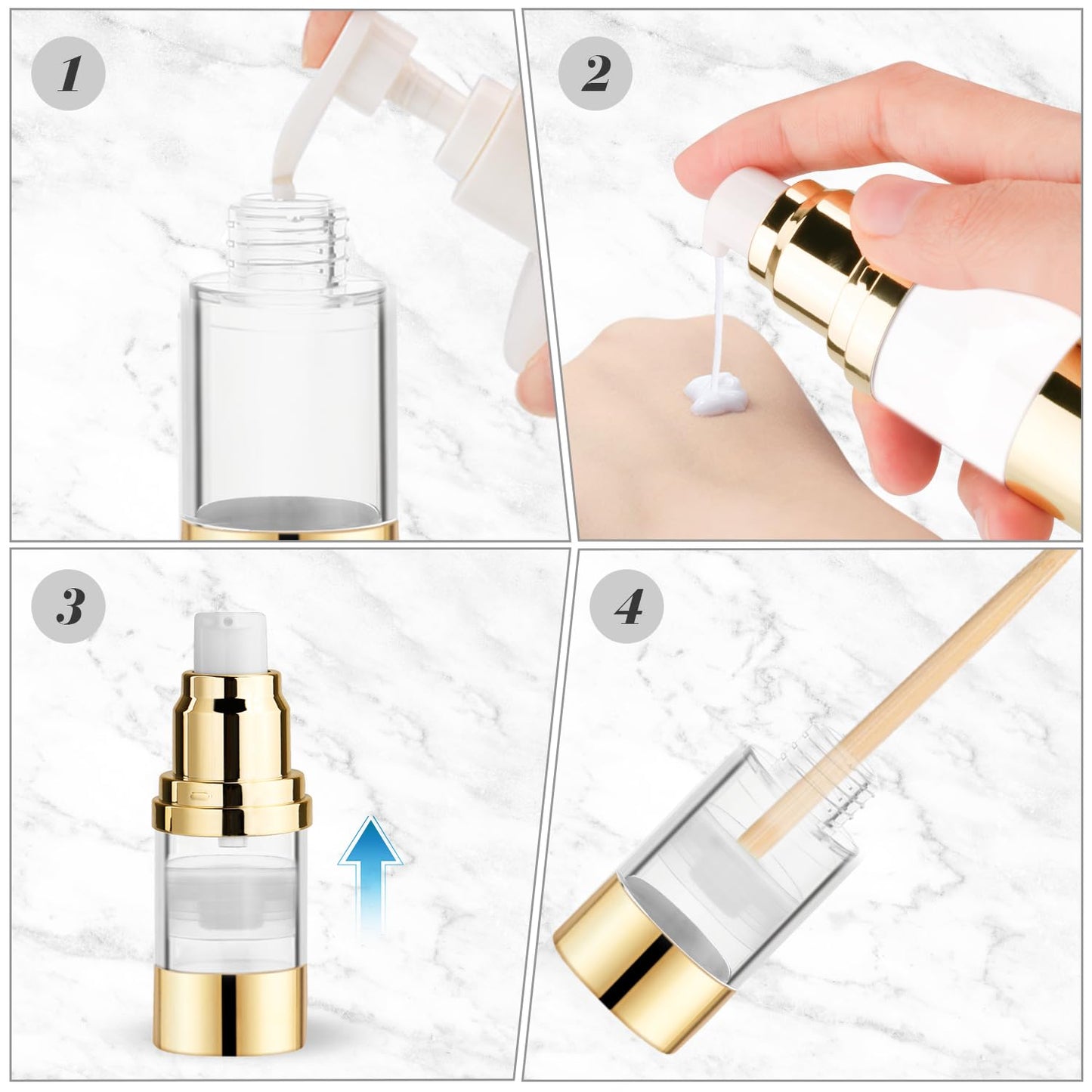 BOSMIOW 4Pcs 15ml/0.5oz Clear Plastic Airless Pump Bottles with Gold Head Empty Refillable Vacuum Bottles Travel Size Cosmetics Sample Storage Jars for Lotion,Shampoo,Hand Soap,Face Cream