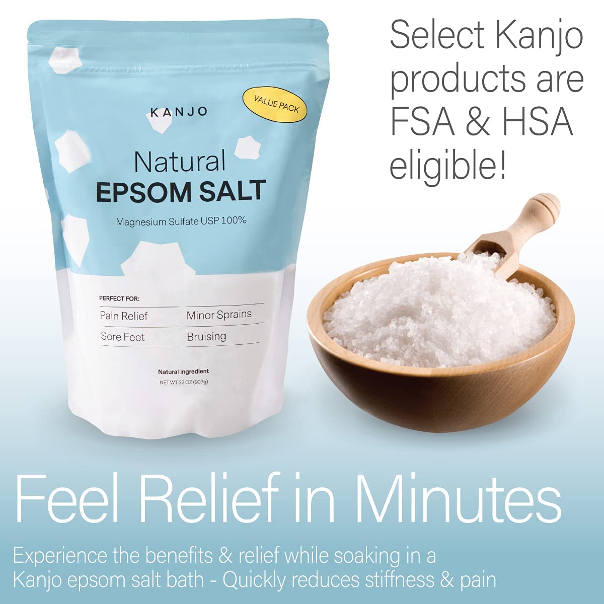 FSA HSA Eligible Kanjo Natural Epsom Salt | 100% Pure Magnesium Sulfate Bath Salt | Natural Epsom Salt Soak for Muscle Pain, Foot Pain Relief | Unscented | 32 oz Bag