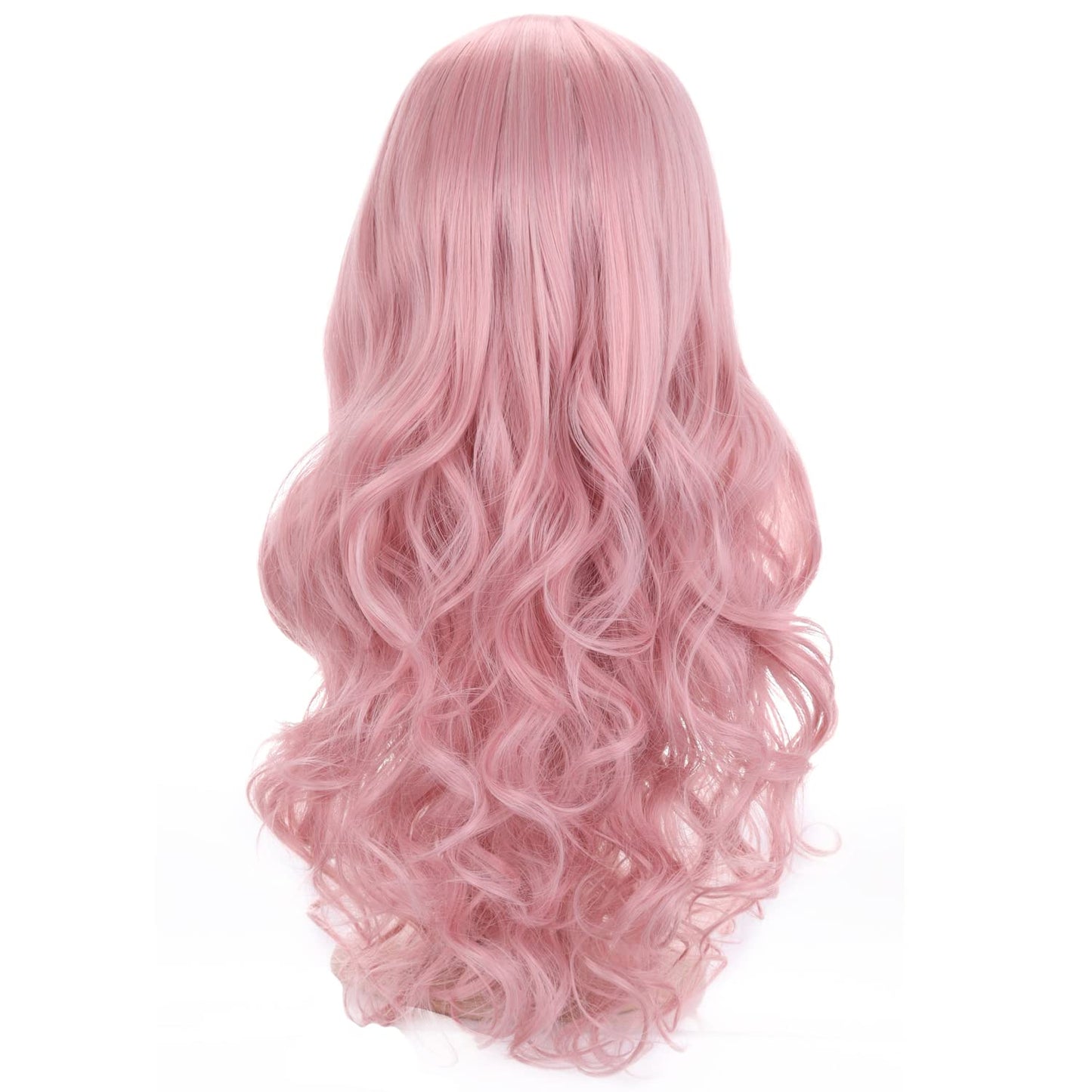 BERON Pink Wig Long Wavy Wig Lovely Pink Wig with Bangs for Women Candy Pink Wig Long Curly Wig Pink Synthetic Wig with Wig Cap