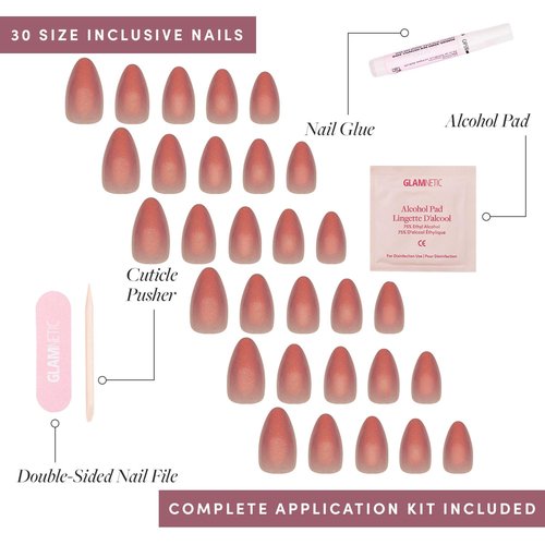 Glamnetic Press On Nails - Rosé | Short Almond Rosy-Pink Fake Nails with a Mesmerizing Metallic Finish | 15 Sizes - 30 Nail Kit with Glue