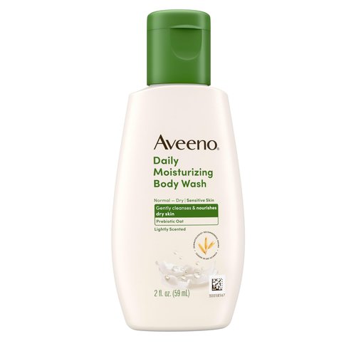 Aveeno Daily Moisturizing Body Wash for Dry & Sensitive Skin + Prebiotic Oat, Shower Body Wash Gently Cleanses & Nourishes Dry Skin, Lightly Scented, Travel-Sized, 2 fl. oz
