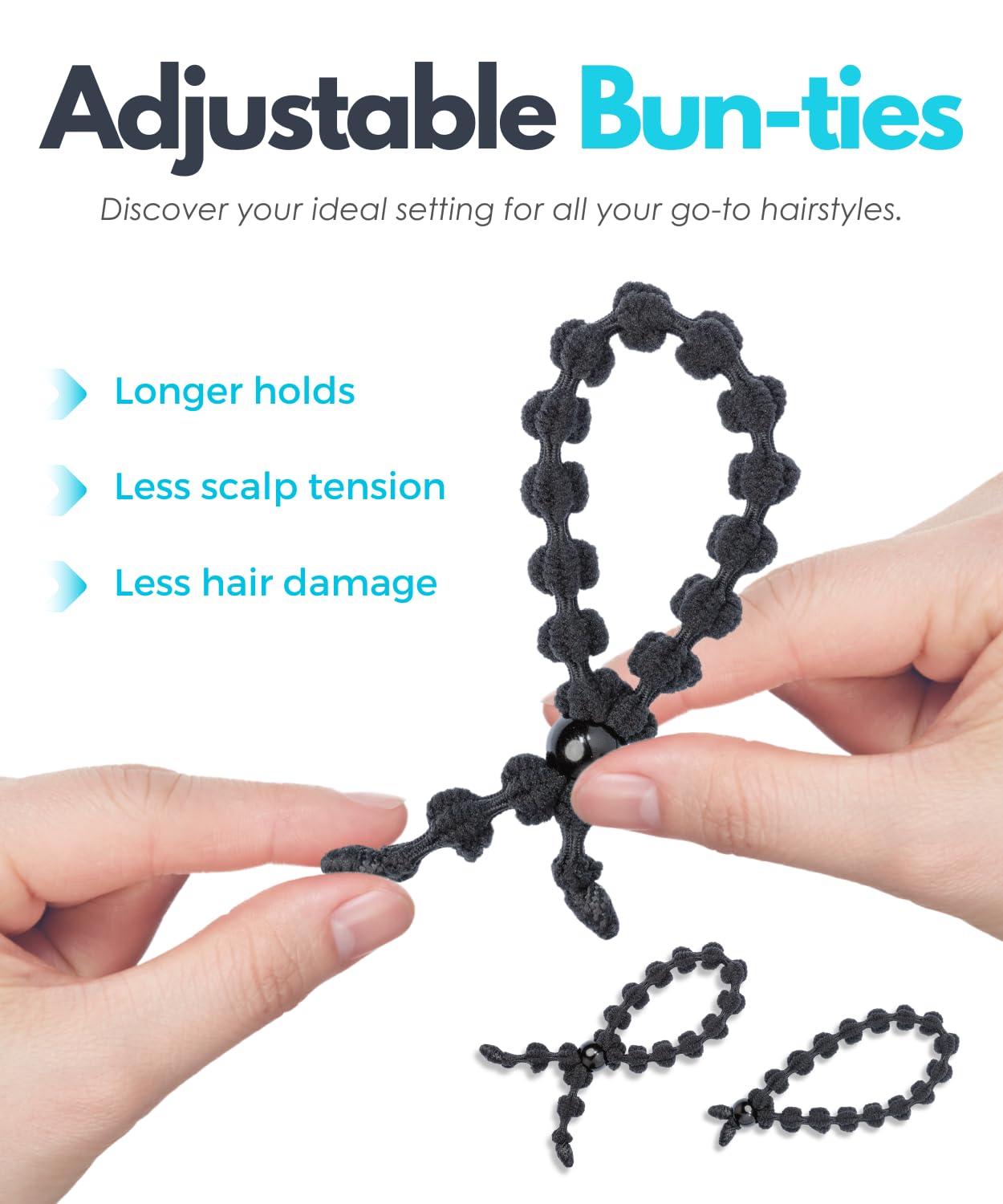 Bunzee Bands Adjustable Hair Ties for Thick Hair - No Damage Scrunchies for Women - Bracelet Hair Ties - Perfect for ponytails and buns (3Pack Black)