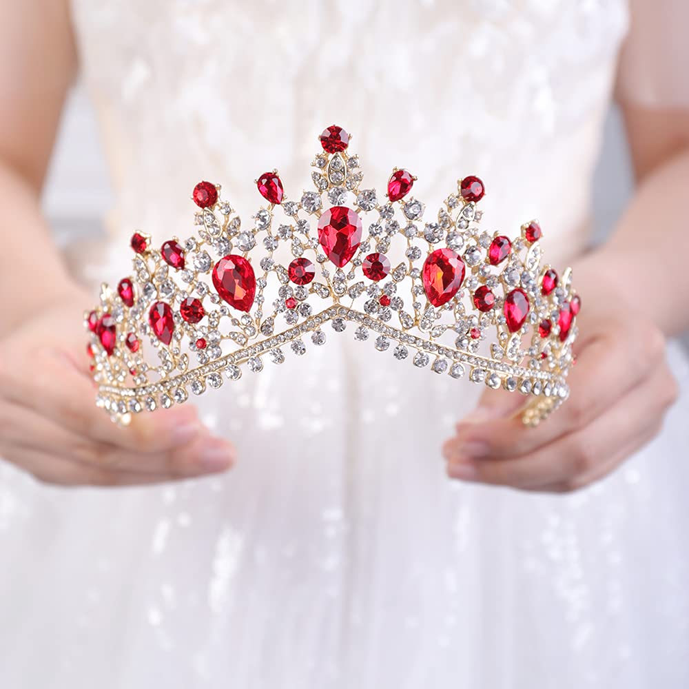 JWICOS Rhinestone Princess Crowns for Women and girls Wedding Bridal Party (red and gold)