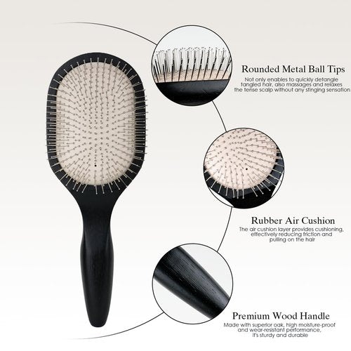Oak Wooden Hair Brush - Anti-Static Detangler with Scalp Massaging Metal Bristles for All Hair Types - Black