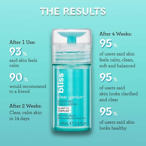 Bliss Clear Genius Clarifying Toner & Serum - Purifies Pores & Calms Skin - 4.3 Fl Oz - Vegan & Cruelty-Free