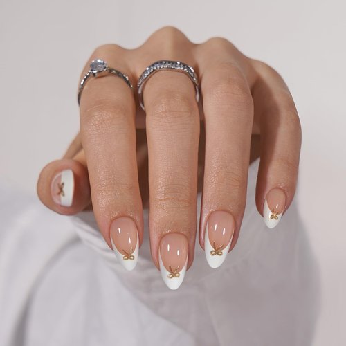 BTArtbox Press on Nails Short -White Designed French Tip Press On Nails Almond with Bow, Glue On Nails for Gifts, Natural Stick On Nails in 16 Sizes - 32 Fake Nails Kit, Dinner Star