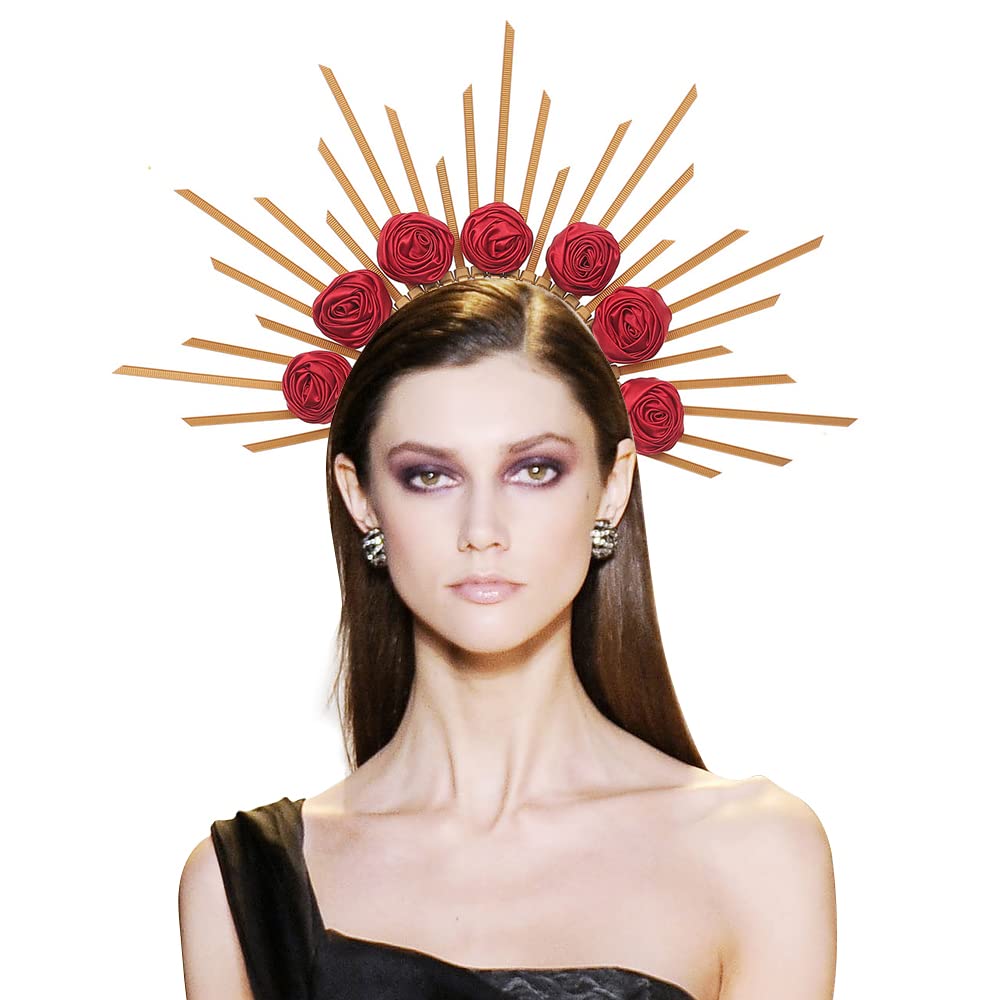 Bubbmi Women Mary Halo Crown Headband Goddess Sunburst Spiked Hair Band with Rose Flower Costume Party Cosplay Wedding Photoshoot Headpiece