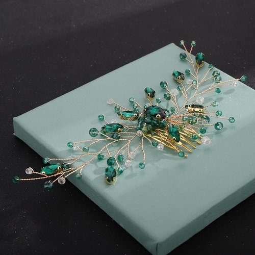 Aimimier Bridal Green Crystal Hair Comb Emerald Rhinestone Hair Vine Prom Party Festival Wedding Hair Accessories for Women and Girls(Gold)