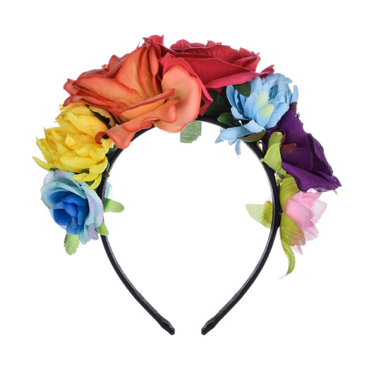 Floral Fall Day of the Dead Flower Crown Festival Headband Rose Mexican Floral Headpiece HC-23 (Fuchsia Orange)