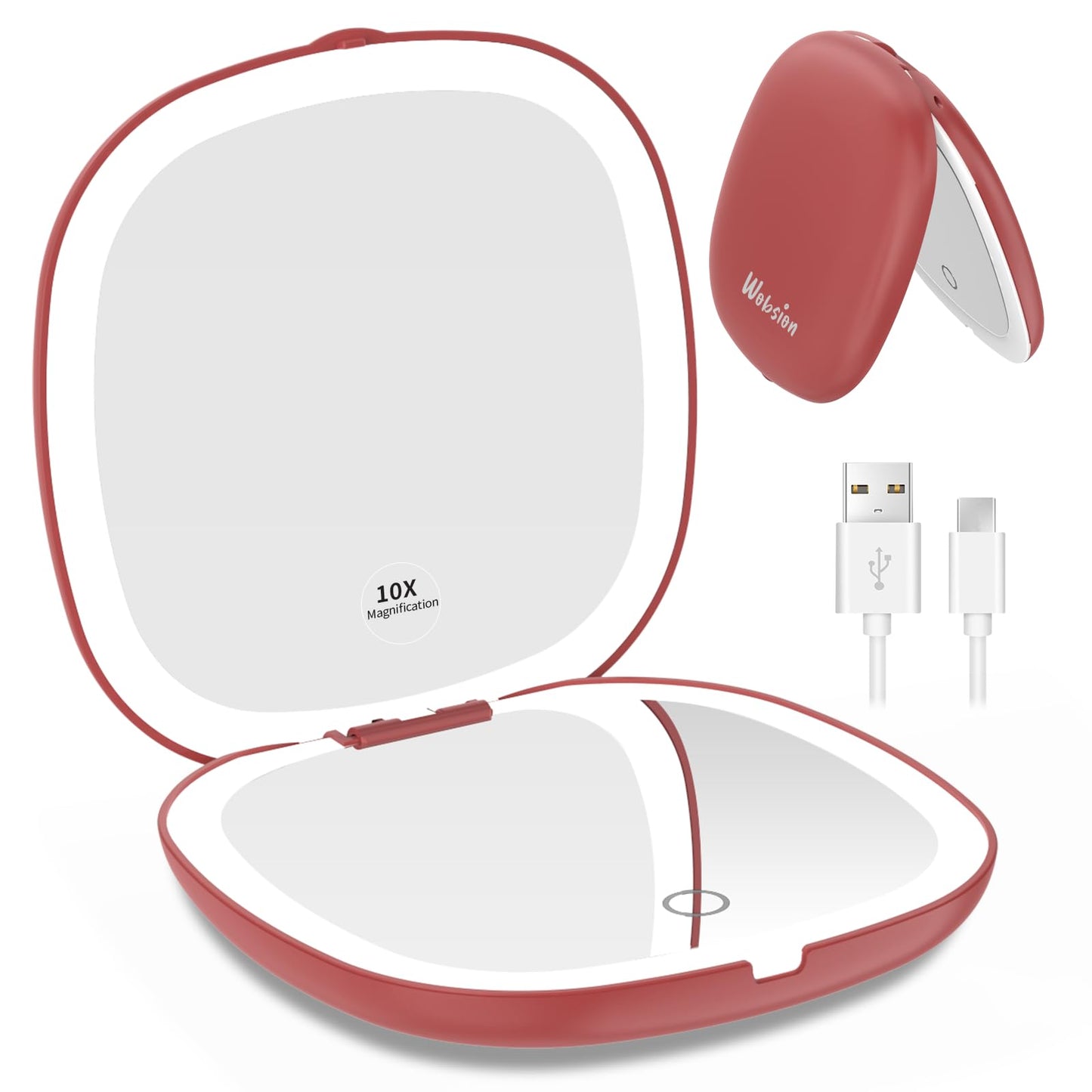 wobsion Travel Mirror with Light, Rechargeable 1x/10x Compact Magnifying Mirror, Dimmable Pocket Mirror,Handheld 2-Side Mirror with Light,4inch Travel Size,Portable for Handbag,Purse,Gift,Red
