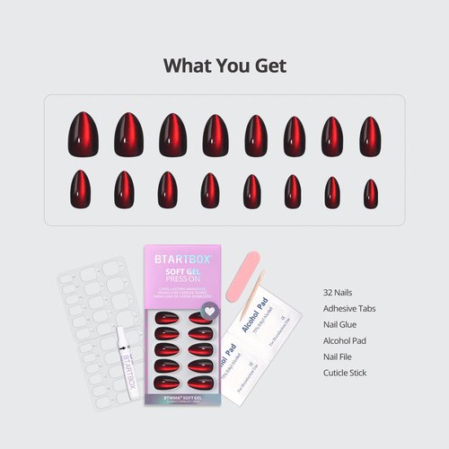 BTArtbox Press On Nails Short - Deep Red Cat Eye Almond Press On Nails with Glue for Women, Glossy Glue On Nails in 16 Sizes - 32 Stick On Nails Kit