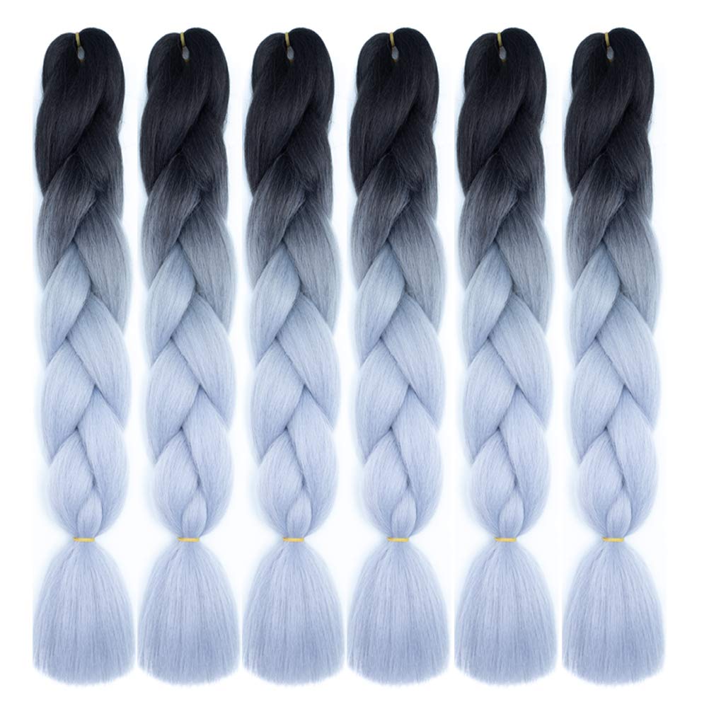 Xiaofeng Braiding Hair Extensions for Women 6 Packs 100g/Pack 24Inch High Temperature Ombre Jumbo Synthetic Braiding Hair for Twist Crochet Braids (24 Inch, black-silver gray)