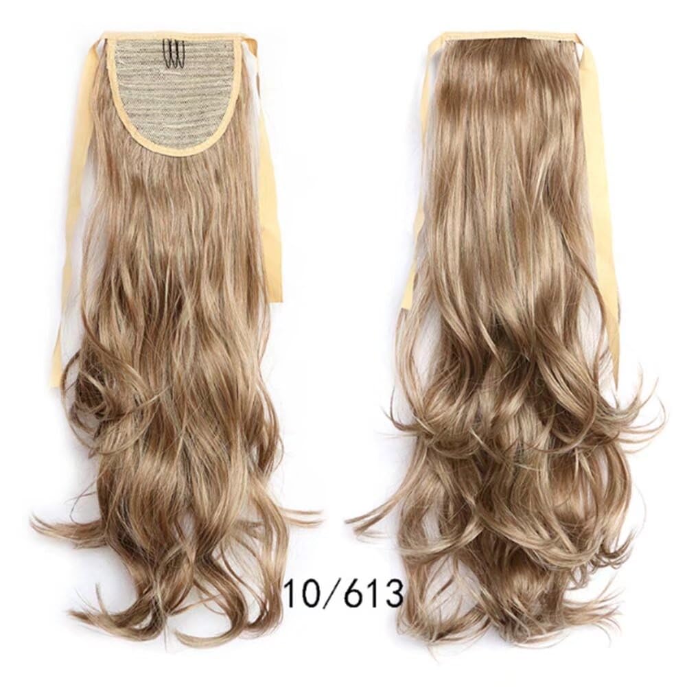 iLUU 20" Long Synthetic Ribbon Ponytail Clip Heat Resistant 90g Curly Wavy Hairpiece Ponytail #10/613 Brown and Bleach Blonde Piano Color Clip in Hair Extensions