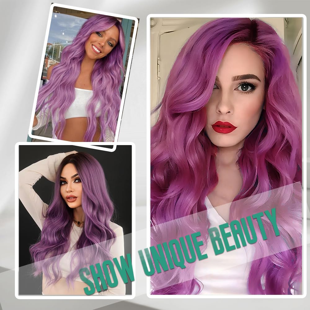 Purple Wig, Long Wavy Wigs for Women, Natural Looking, Tangle-Free, Comfortable Fit, Premium Fiber, Perfect for Daily Wear and Special Occasions