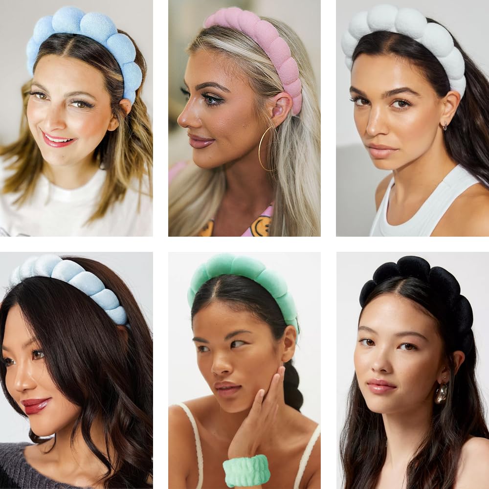 Tetizo Spa Headbands - Soft Terry Cloth Makeup & Skincare Wristband Set for Women | Non-Slip, Bubble Design