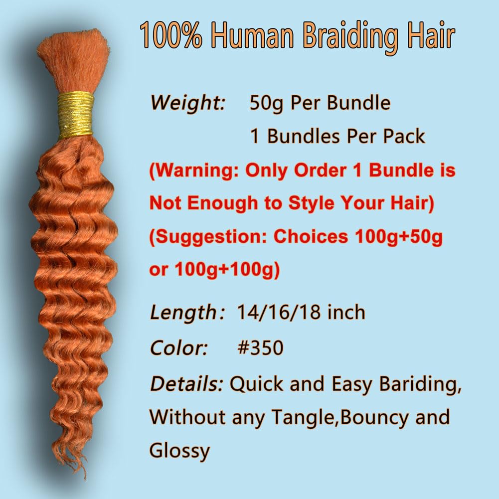Eileen 18 Inch 50g 1 Bundles Deep Wave Bulk Human Hair for Braiding Curly Human Hair for Boho Braids Water Wet and Wavy Curls Micro Braiding Hair Extensions Brazilian Virgin 350 Ginger Orange