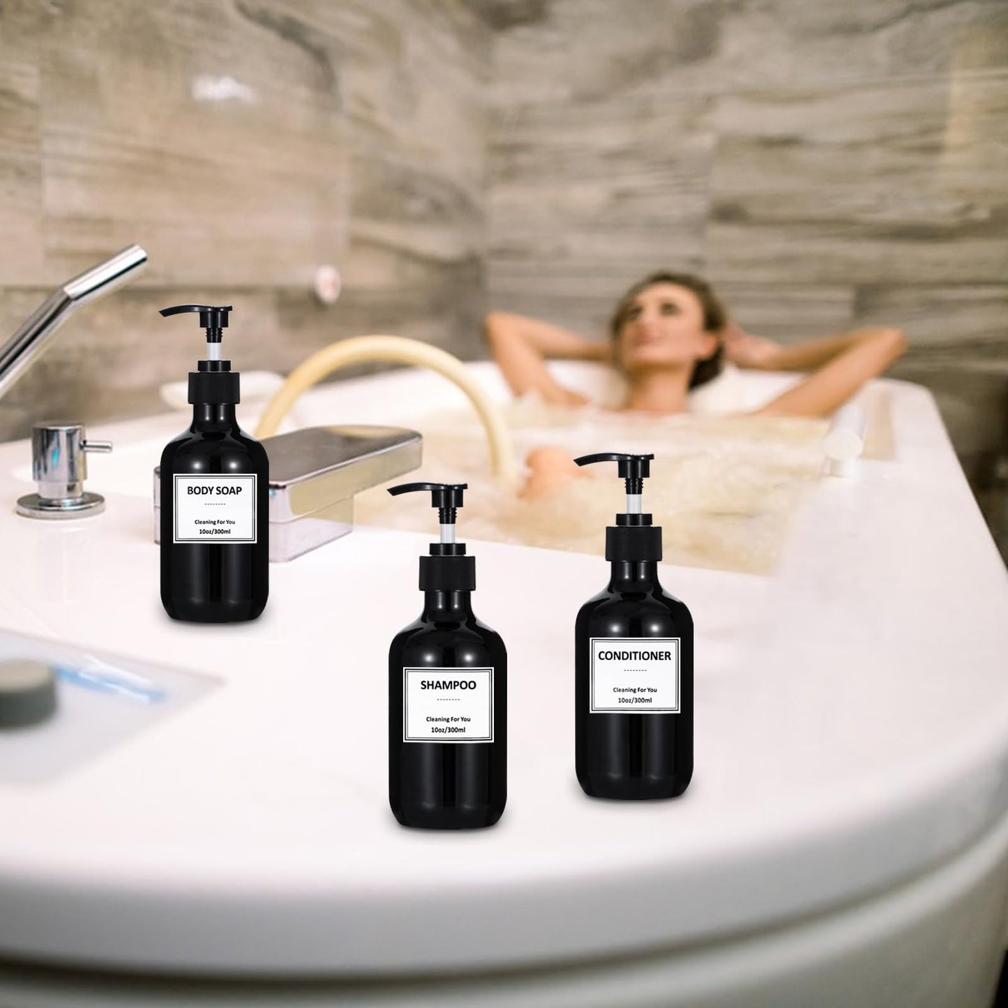 Yeeco 10oz Hand Soap Dispenser, 300ML Plastic Pump Bottles Dispenser with Waterproof Labels, Shampoo and Conditioner Dispenser for Liquid Soap, Kitchen, Bathroom, Commercial (3 Pack Black)