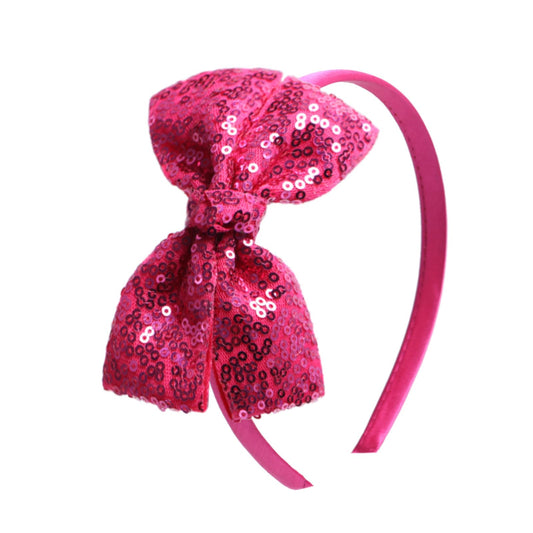 Kiszu Sparkly Sequin Hair Bow Headband for Girls, Kids, and Toddlers - Fashion Cute Boutique Style Hair Accessory - 1 Piece (Hot Pink)