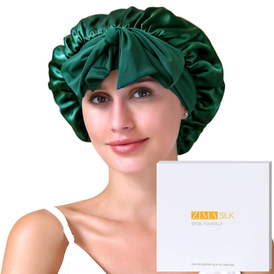 ZIMASILK 100% Mulberry Silk Bonnet for Sleeping Women Long Hair Double Layer Silk Wrap with Tie Band Stay On Head for Hair Care (1Pc, Blackish Green)