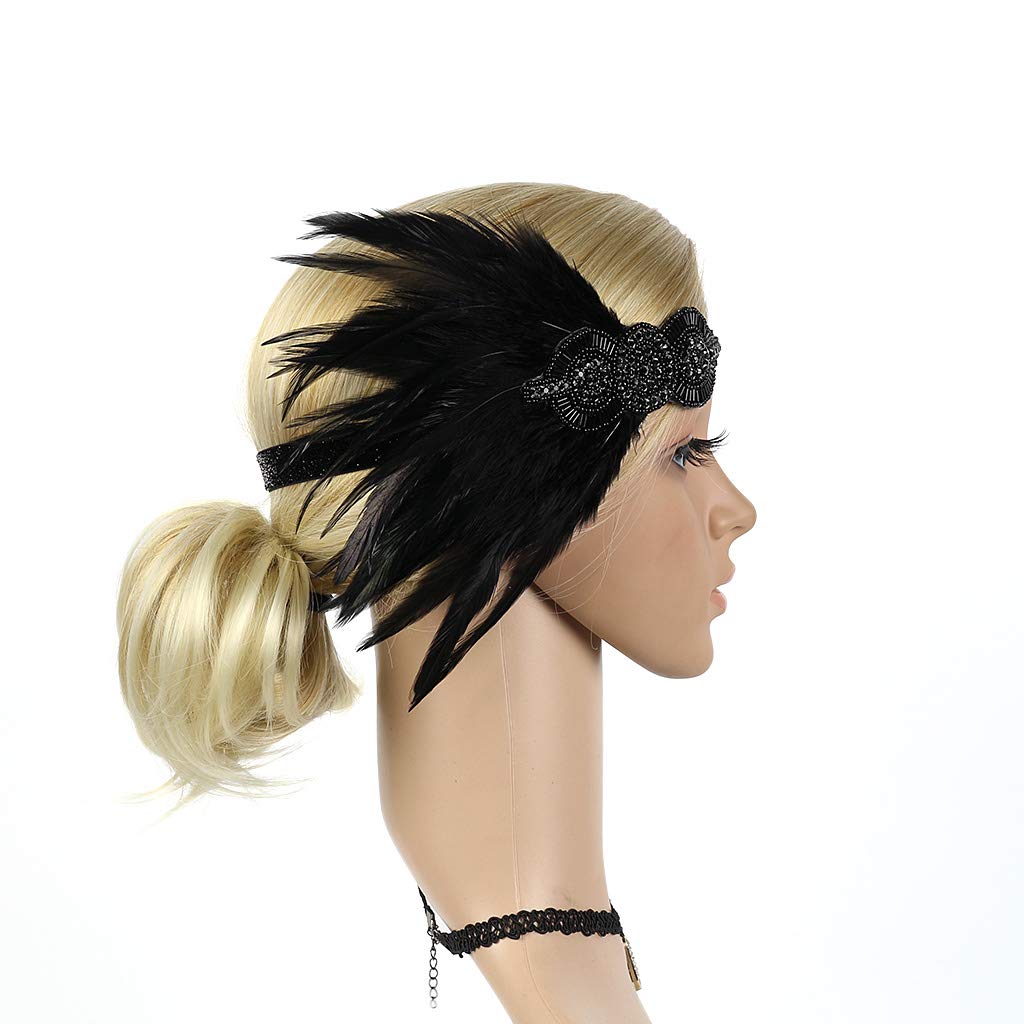 Roaring Art Deco 1920s Headpieces for Women Flapper Headband 20s Gatsby Costume Peacock Hair Accessories 01Black