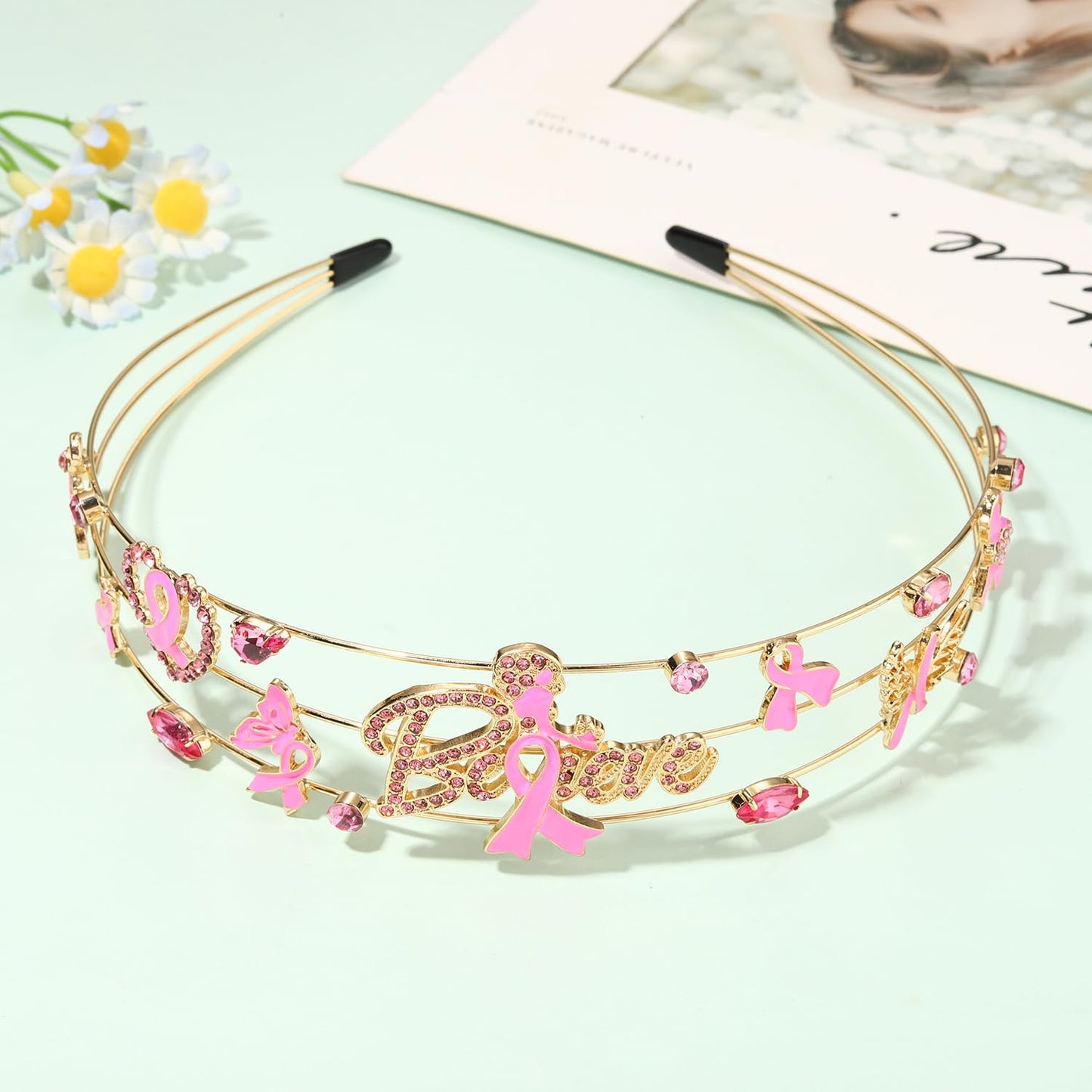 CEALXHENY Pink Ribbon Headband for Women Breast Cancer Awareness Headband Hair Accessories Love Heart Ribbon Tiara Crowns (Pattern E)