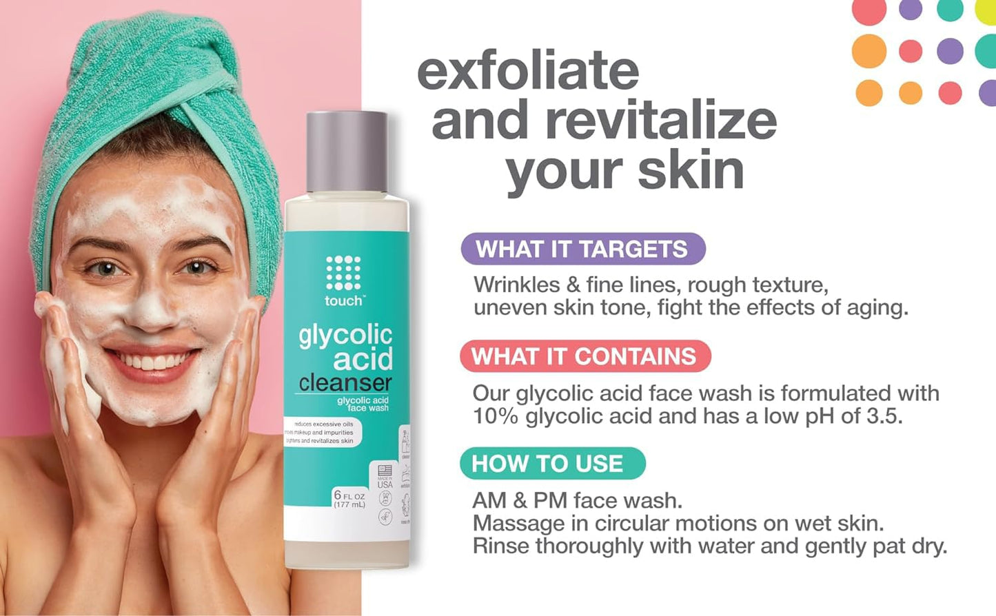 Skiennix 10% Glycolic Acid Face Wash - Exfoliating AHA Cleanser for Anti-Aging & Skin Texture - 6 oz.