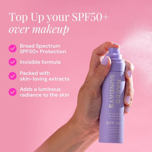 Naked Sundays SPF 50 Hydrating Glow Face Mist - Lightweight Daily Sunscreen & Makeup Setting Spray, 75ml