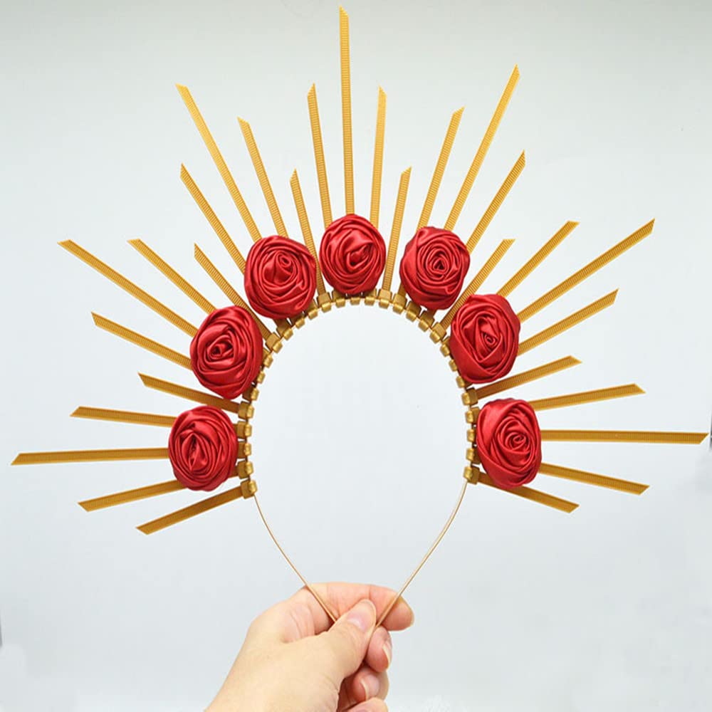 Bubbmi Women Mary Halo Crown Headband Goddess Sunburst Spiked Hair Band with Rose Flower Costume Party Cosplay Wedding Photoshoot Headpiece