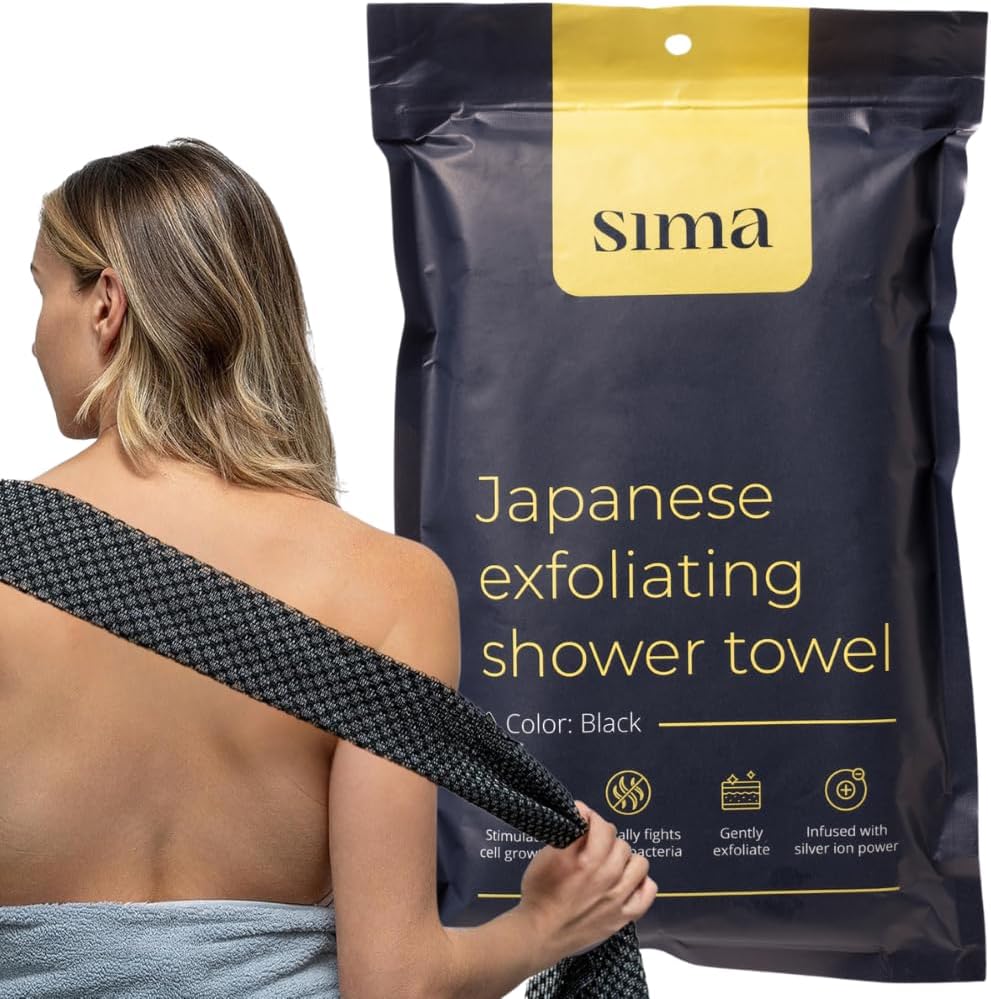 Sima Exfoliating Washcloth - Japanese Hexagon Fiber Body Scrubber Towel, Extra Long Dual-Sided (Black)