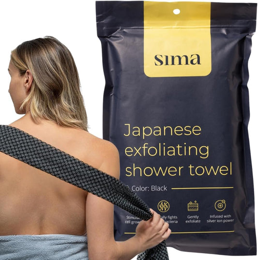 Sima Exfoliating Washcloth - Japanese Hexagon Fiber Body Scrubber Towel, Extra Long Dual-Sided (Black)