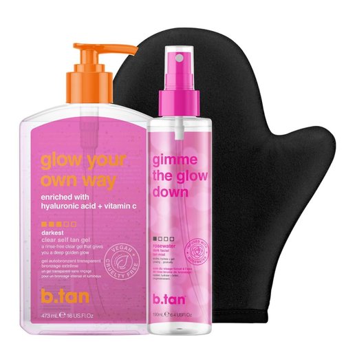 b.tan Clear Self Tan Gel & Face Spray Kit - Dark 1 Hour Express, Transfer-Resistant Tanner with Body Mitt