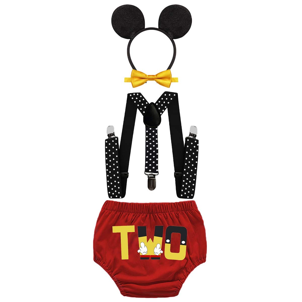 HIHCBF Baby Boys 2nd Birthday Party Outfits Cake Smash Photo Shoot Costume Cartoon Bloomers Suspenders Bow Tie Headband Red