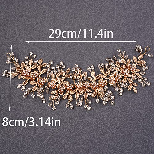 Teyglen Flower Leaf Crystal Handmade Hair Vine Large Rhinestones Headpiece Wedding Hair Accessories for Brides and Women (Gold)