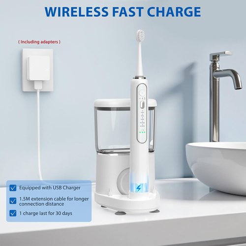 Electric Toothbrush by [Brand Name] | 3-in-1 Wireless Charging Flossing Toothbrush - 500ML Cordless Design, 5 Brush Modes & 3 Floss Speeds (White)