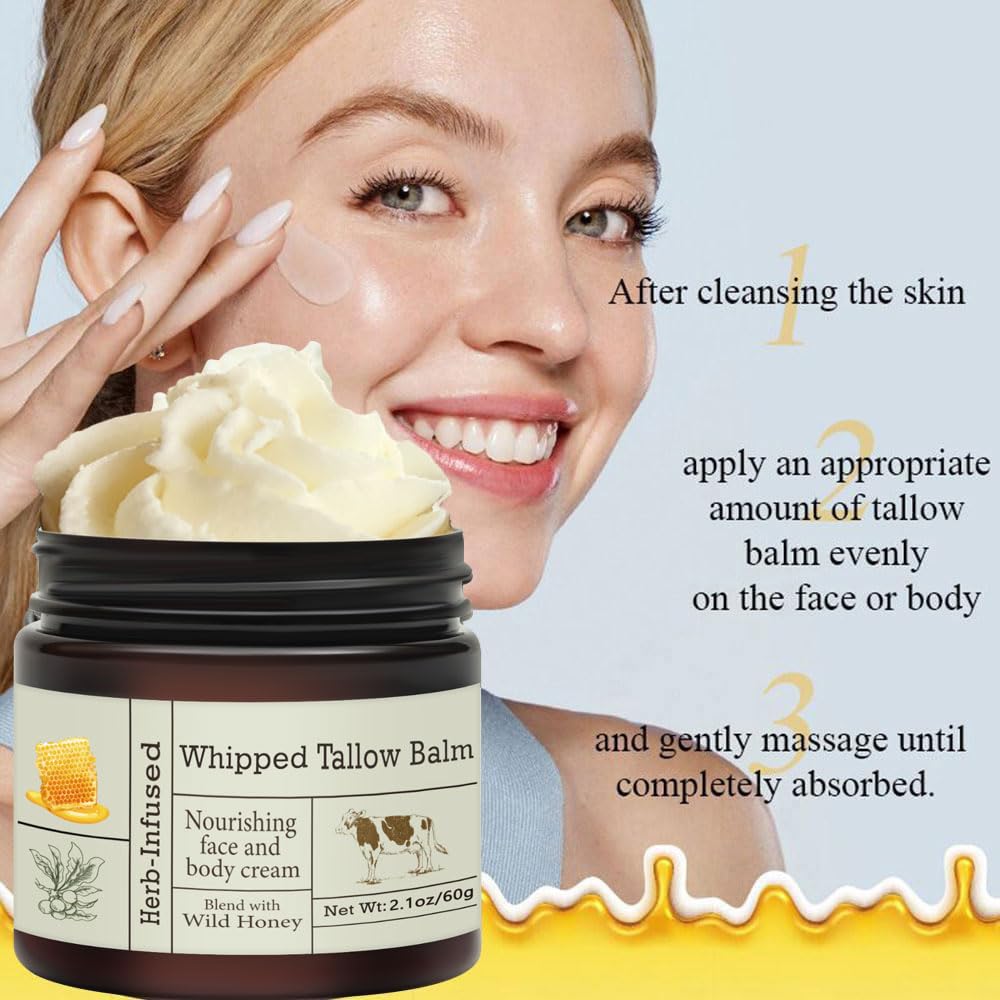 URQT Beef Tallow for Skin - Organic Grass-Fed Whipped Balm with Honey - Deeply Moisturizing Face & Body Care