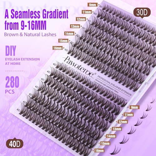 Pawotence Lash Clusters Kit 40D 60D Lash Extension Kit 10-18mm Cluster Eyelash Extension Kit Individual Lashes 280pcs Eyelash Clusters with Lash Bond and Seal, Lash Tweezers for Self Use