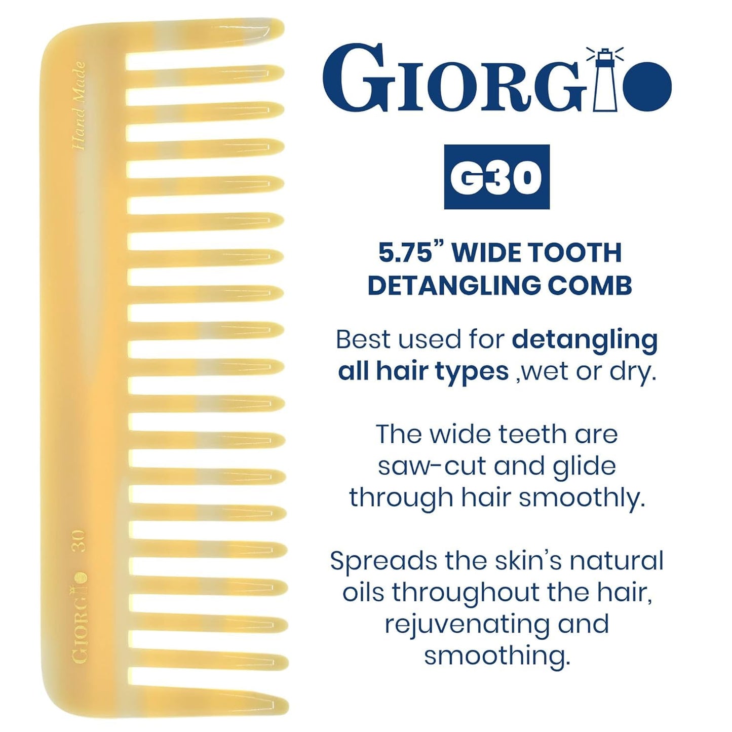 Giorgio G49 Yellow Tokio, Large Hair Detangling Comb, Wide Teeth for Thick Curly Wavy Hair, Detangler Comb For Wet and Dry, Handmade of Quality Cellulose, Saw-Cut, Hand Polished