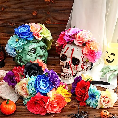 Kigeli 6 Pcs Mexican Flower Headband Day of the Dead Rose Floral Crown Halloween Headpiece for Women Girls Cosplay(Bright Color)