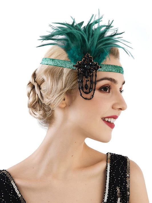 SWEETV Flapper Headband 1920s Headpiece for Women, Rhinestone Feather Great Gatsby Headpiece Hair Accessories for Women,Dark Green