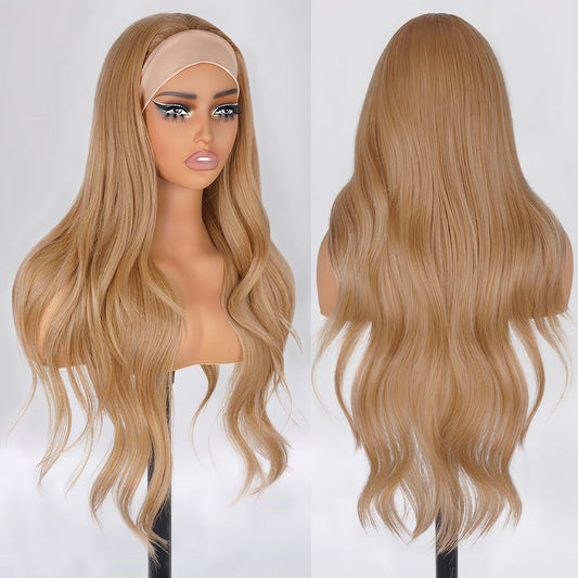 Long Wavy Headband Wigs for White Women, Gluless Wear and Go Half WIg, Natural Looking Synthetic Wig with Headband Attached Heat Resistant (Honey Blonde)