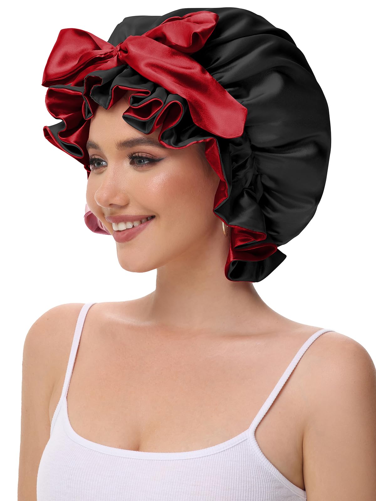 Vettres Hair Bonnet for Sleeping, Satin Silk Shower Cap Women 2025 with Tie Band and Adjustable Straps Head Wrap for Curly Hair Black F
