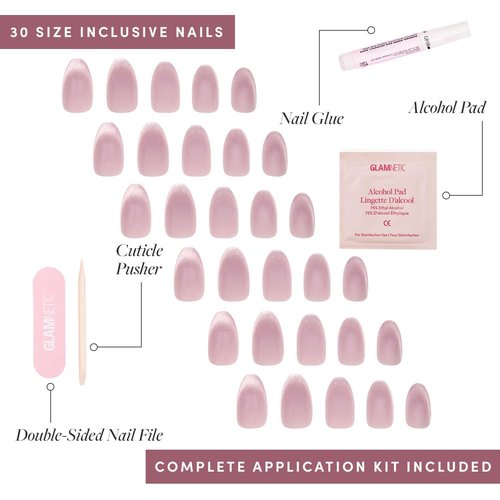 Glamnetic Press On Nails - Fairy Dust | Short Oval Beige-Pink Fake Nails with a Mesmerizing Metallic Finish, Salon Quality | 15 Sizes - 30 Nail Kit with Glue