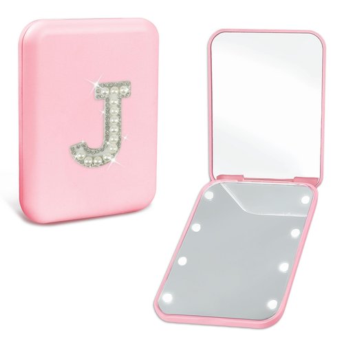 Aganmi Preppy Birthday Gifts for 12 13 14 15 16 Year Old Girls, Cute Pearl Initial Compact Mirror with Lights Pink Small LED Pocket Makeup Mirror Teen Girls Trendy Stuff Travel Essentials (J)